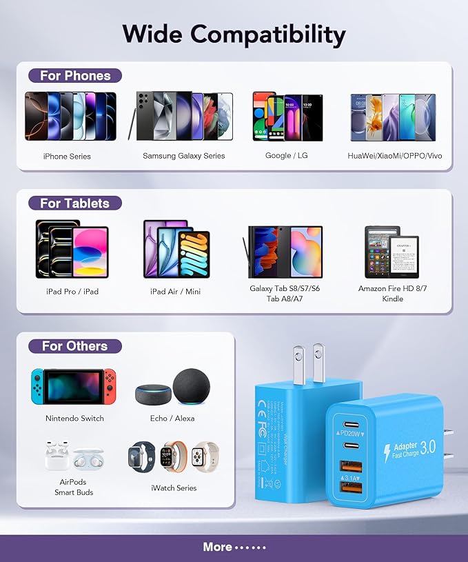 40W USB C Charger Block, 2-Pack 4-Port Type C Fast Charging Brick Dual PD&QC Wall Plug Adapter Power Brick for iPhone 13/14/15/16/17/Pro Max Plus/iPad/Airpods/iwatch/Samsung Galaxy (Light Blue)