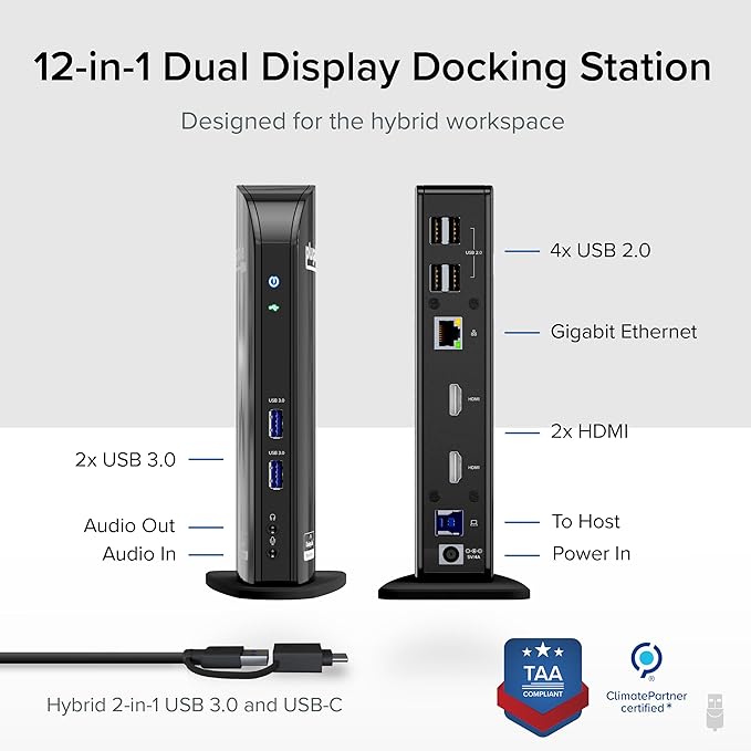 Plugable Universal Laptop Docking Station Dual HDMI Monitor for Windows and Mac (Driver Required), USB 3.0 or USB-C, 2X HDMI, Gigabit Ethernet, Audio, 6 USB Ports (UD-3900)
