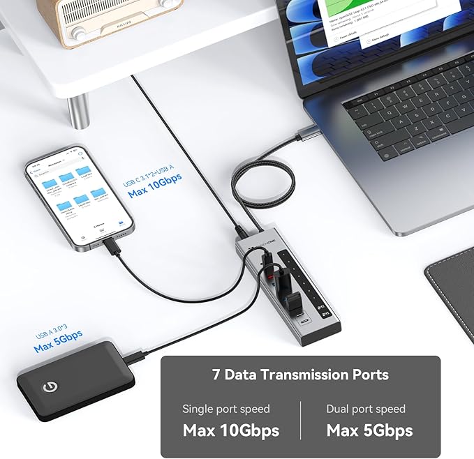 TobenONE Powered USB C Hub, 11-in-1 10Gbps USB C Splitter with 5 USB-A and 5 USB-C, 72W Adapter, 100W PD-IN, 45W USB C Charging Port, USB C Expander for Laptop/PC, MacBook, iPad,Phone(Not for Monitor)