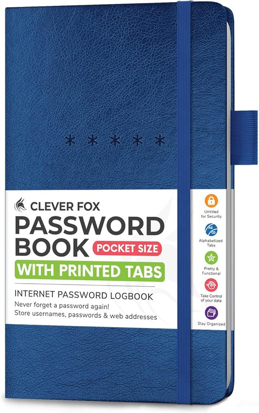 Clever Fox Password Book – Alphabetized Internet Address & Password Organizer - Computer & Website Password Keeper Notebook – Log-In Password Journal – Pocket, 6.2x3.5″, Hardcover (Mystic Blue)