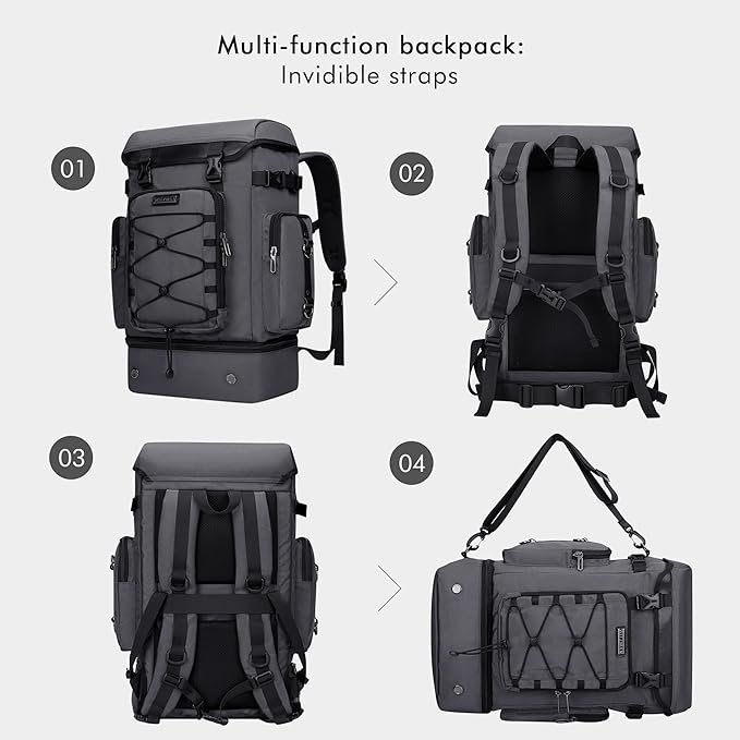 WITZMAN Travel Backpack for Men Women Carry on Bags for Airline Approved Convertible Duffle Luggage Backpack Shoe Compartment（B691 Silvery Grey）