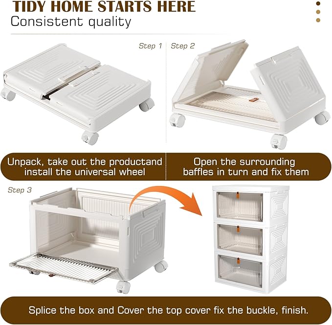 3 Tier Plastic Storage Bins with Lids 35QT, Stackable Storage Containers with Wheels, Folding Storage Boxes, Collapsible Storage Bins, Closet Organizers and Storage for Living Room,Office,Dorm