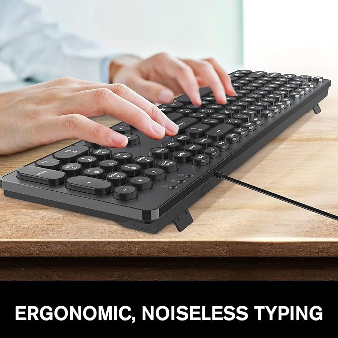 cimetech Wired USB Keyboard, Full Size Computer Keyboard Low-Profile Basic Matte Black with Foldable Stands, Plug-and-Play Compatible with Windows, PC, Laptop