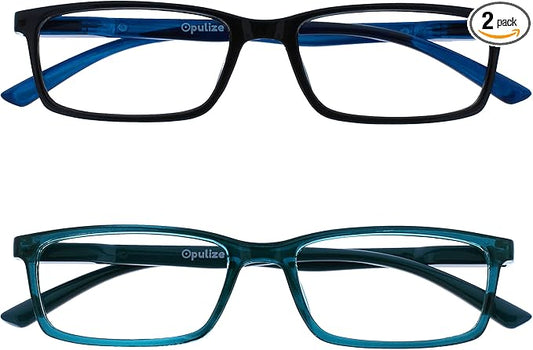 OPULIZE SEE Reading Glasses with Blue Light Blocking for Women and Men, Narrow Frame, Spring Hinges, Computer Gaming Glasses, Black,Turquoise +1.5 (Pack of 2)