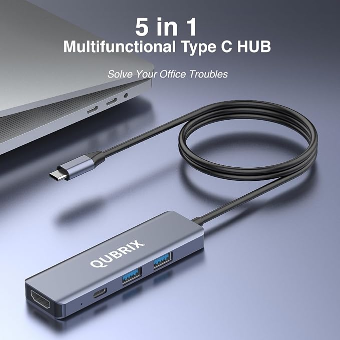 USB C 5 in 1 HUB,10Gbps USB-C/A 3.2 Ports, 4K HDMI 30Hz,100W PD Fast Charging,Compatible for MacBook Pro/Air, Dell XPS, iPad Pro Aluminum Splitter,Surface Pro,Thunderbolt Laptops