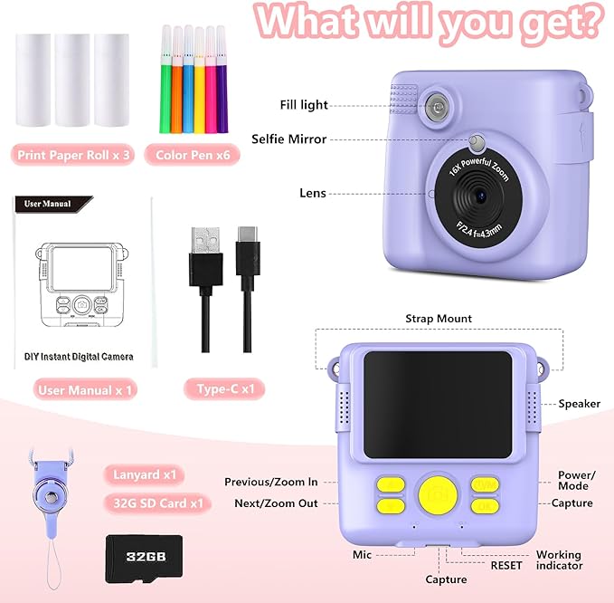 Instant Print Camera for Kids,Christmas Birthday Gifts for Age 3-12 Girls Boys，1080P HD Digital Video Cameras for Toddler,Kids Portable Toy with 3 Rolls Photo Paper，32GB Card-Purple