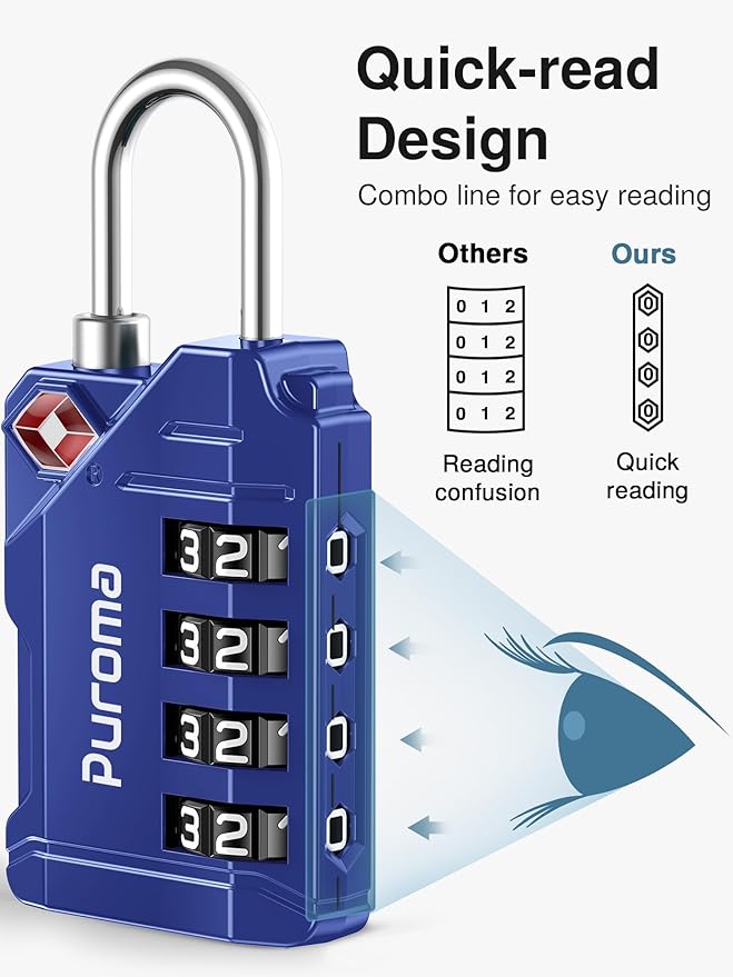 Puroma TSA Approved Luggage Locks, 2 Pack 4 Digit Resettable Travel Combination Code Lock with Zinc Alloy Body for Suitcase, Backpack, Laptop Bag, Gym Locker, Toolbox (Blue)