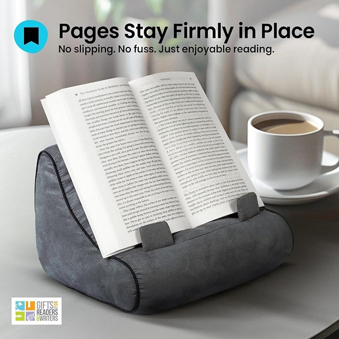 Gifts for Readers & Writers Book Pillow Tablet Stand for Bed Grey - Premium Cushioned Book Holder for Hands Free Reading, Stylish Tablet Holder for Bed, Kindle Pillow Stands & Lap Ipad Holders