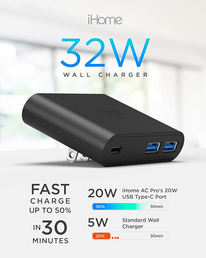 iHome 32W AC Pro Multi Port USB Wall Charger Block - Charging Station for Multiple Devices with 3 Ports (1 USB-C, 2 USB-A) - Fast Charging, Universal Compatibility (Black)