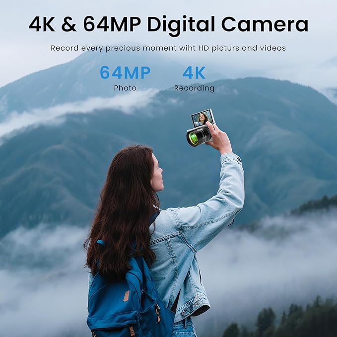 4K Digital Camera, 64MP Vlogging Camera for Photography with 3" 180° Flip Screen,Macro and Wide-Angle Lenses,16X Digital Zoom Point and Shoot Camara with 64GB Micro SD Card for Beginner, Teens