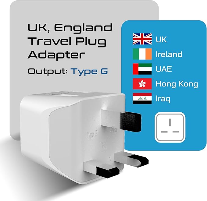 Ceptics UK adapters for travel to London, UAE, Hong Kong - USB-A, USB-C & USA Input - Compact Grounded Type G Plug - Use with Phones, Laptops,Cameras