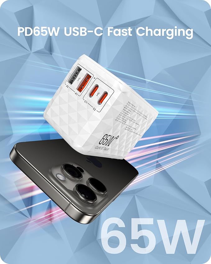 LENCENT 65W Universal Travel Adapter, GaN International Fast Charger 2 USB-A & 2 USB-C Power Plug Converter, Power Outlet Adapter for Phones,Laptops, All in One Travel Essentials for EU/USA/UK/AU