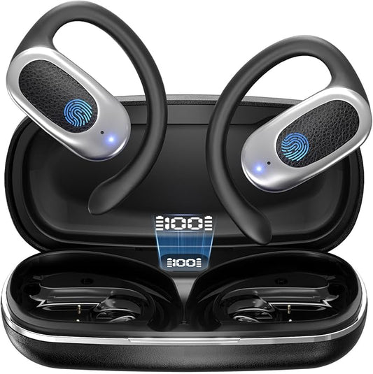 Open Ear Wireless Headphones Air Conduction Earbuds with Mic 42H Playtime Clear Calls LED Digital Display Over Earphones Lightweight Waterproof Secure Earhooks for PC Sports Running Game Business Work