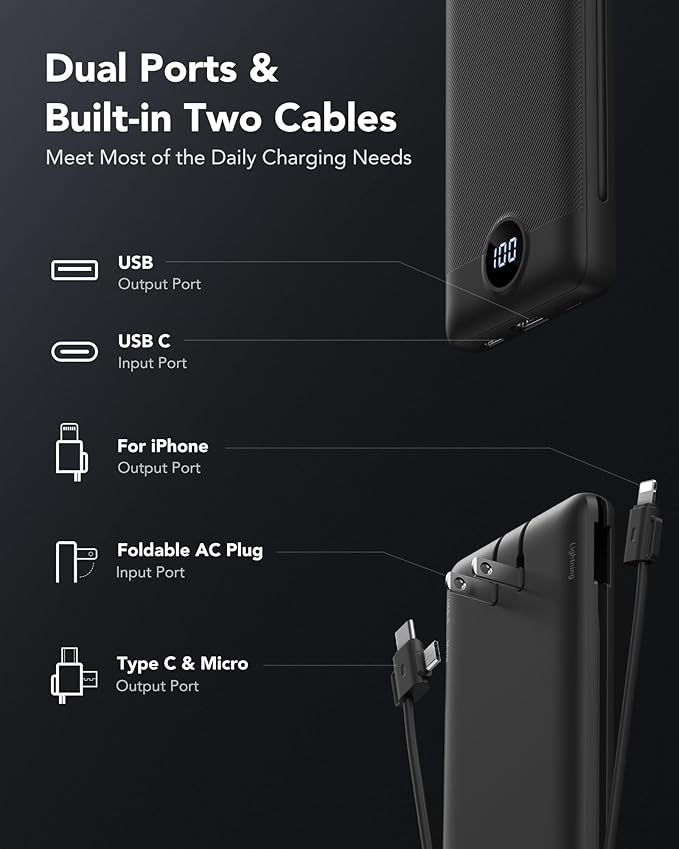 VRURC Portable Charger with Wall Plug, 10000mAh Slim Portable Charger Built in Cables,PD 20W Fast Charging Power Bank with Cords,USB C Portable Phone Charger Travel Accessories -Black(1 Pack)