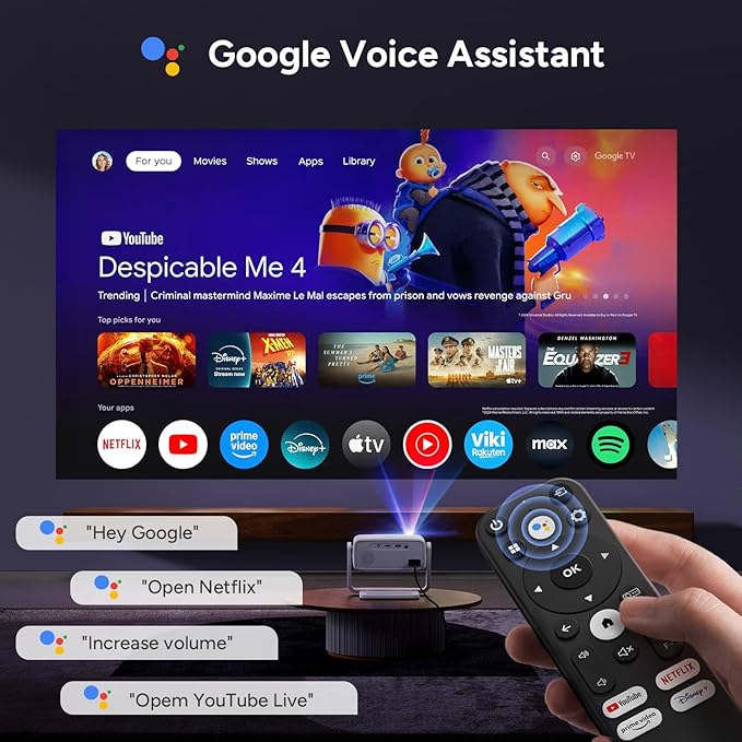 Projector with WiFi and Bluetooth,Outdoor Movie Projector 4K Support,Auto Focus & Voice Control,Built-in 10,000+ Apps Native 1080P Portable Smart Home Proyector