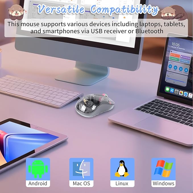 elec Space Cute Wireless USB C Mouse - Bluetooth Triple Mode Rechargeable Cartoon Mouse for Laptops, iPads & MacBook Air/Pro - Silent Operation, Portable Design, Unique Magnetic Character (Grey)