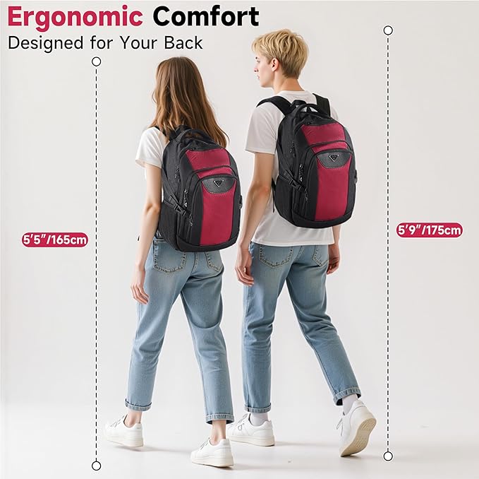 Laptop Travel Backpack with USB Charging Port, Anti-Theft Travel Business Backpack Fits 17 Inch Notebook, 30L Water-Resistant Work Computer Backpack, College School Bookbag for Men Women, Red/Black