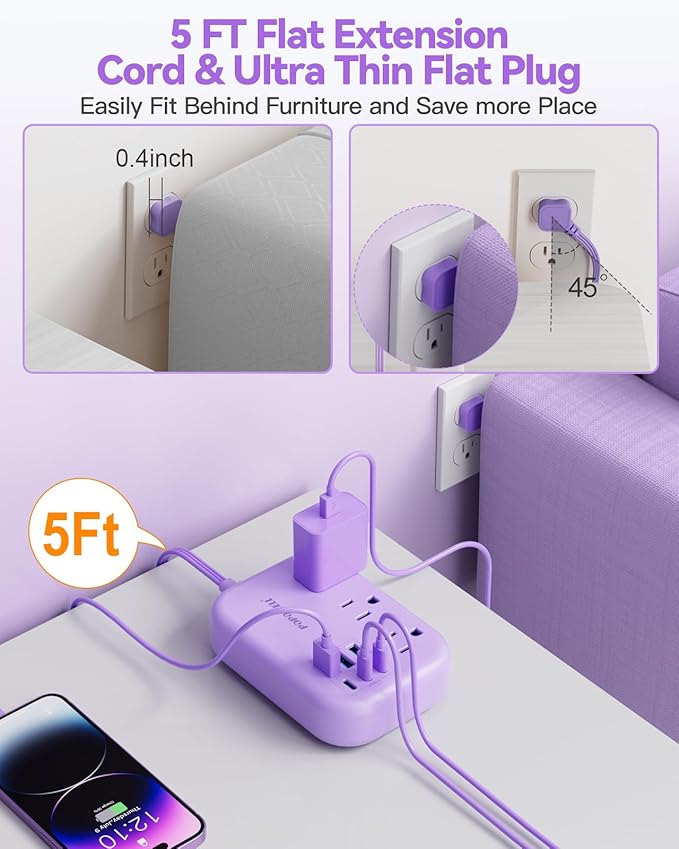 6 USB Power Strip- Purple Power Strip with 3 Outlets and 6 USB(3 USB C) 4.8A Charging Ports for iPhone 15, 5 FT Purple Extension Cord, Slim Flat Plug for Cruise Ship Essential, Office Dorm.