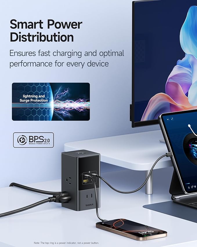 Baseus Charging Station 67W, 10-in-1 USB-C PD Fast Charging Desktop Charger with 1200J Surge Protection, 5ft Extension Cord, 6 AC, 3 USBC, 1 USBA Ports for iPhone 17/16, MacBook, Tablet, Desktop