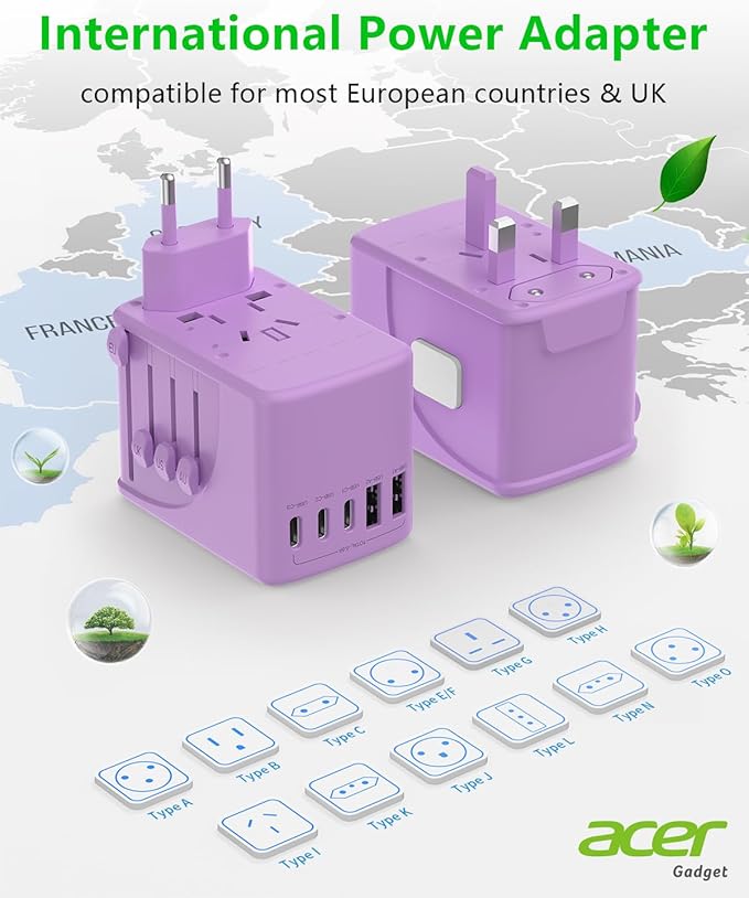 Acer Universal Travel Plug Adapter - International Power Adapter with 5 USB Ports (3 USB C) 5.8A, Worldwide Outlet Charger for USA to European UK France Germany Spain, Type C/E/F/G/I/L/A, Purple