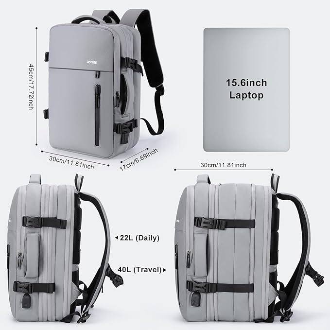 HOMIEE Carry on Backpack Extra Large Travel Bag, Expandable Hand Luggage Suitcase Anti-Theft Business Backpack, Water Resistant Lightweight Weekender Bag, Light Grey