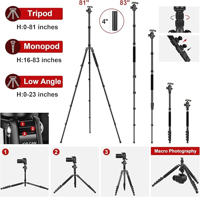 JOILCAN Tripod for Camera, 81" Camera Tripod Stand, 83 inches DSLR Tripods & Monopods, Heavy Duty Travel Tripod for Binoculars Laser Level Spotting Scope Telescope, Max Load 35lb
