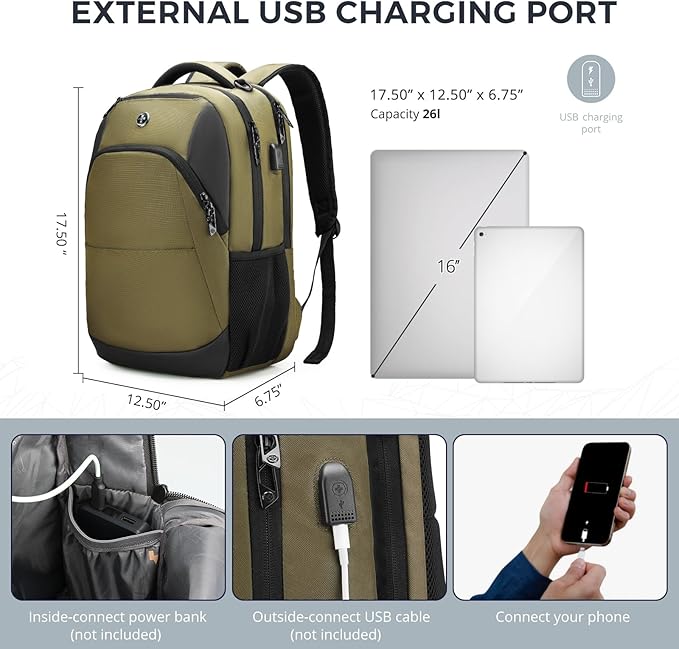 Swissdigital Design Business Laptop Backpack, College Laptops Backpack with USB Charging Port for Men and Women Fits 16 Inch Notebook, Olive | ANDWIL