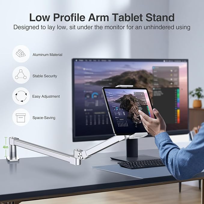 elitehood iPad Holder Stand for Desk & Bed, 28-inch Tablet Arm Mount with Clamp, Easy Adjustable Aluminum iPad Desk Mount for Office Home, Compatible with 4/7-13in Tablets and Cell Phones, Sliver