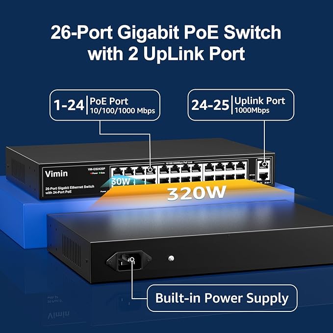 24 Port Gigabit PoE Switch with 2 Uplink Gigabit Ports, VIMIN 26 Port Unmanaged PoE Ethernet Switch with 320W Power, Support IEEE802.3af/at, VLAN, Metal Housing, 19 inch Rack-Mount, Plug and Play
