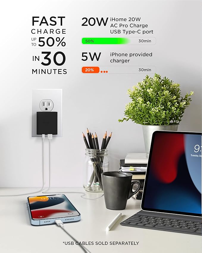 iHome USB C Charger: AC Pro 20W Multiport (1 USB-C Port, 1 USB-A Port), Flat USB Block, Dual Port USB Plug Adapter & Phone Charging Block