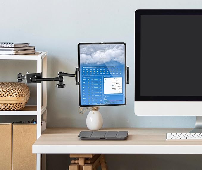Desk Kitchen Tablet Holder [Suitable for Tabletop & Cabinet] Adjustable Metal Arm Cupboard Tablet Mount Stand for iPad Pro 12.9 Air Mini, Galaxy Tab Ultra, Switch, 6-14.6" Devices