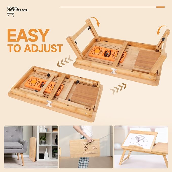 Adjustable Bamboo Laptop Desk with Cooling Fan, Foldable Bed Tray for Breakfast, Writing, and Drawing, with Tilting Top and Drawer, Portable Lap Desk for Bed, Sofa, and Floor.