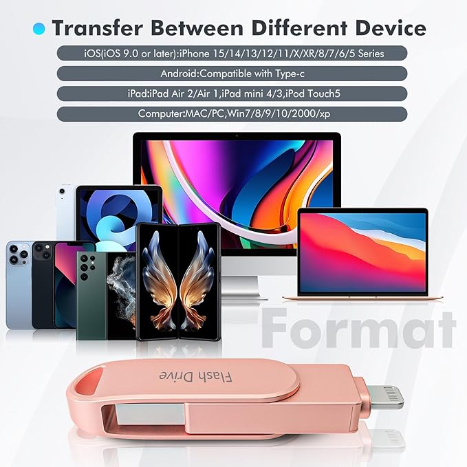 Apple MFi Certified 512GB Photo Stick, Flash Drive for iPhone Memory Stick for Photo/Video Backup Stick, High-Speed USB Stick iPhone Storage Drive Compatible for iPhone/iPad/Android/PC (Pink)