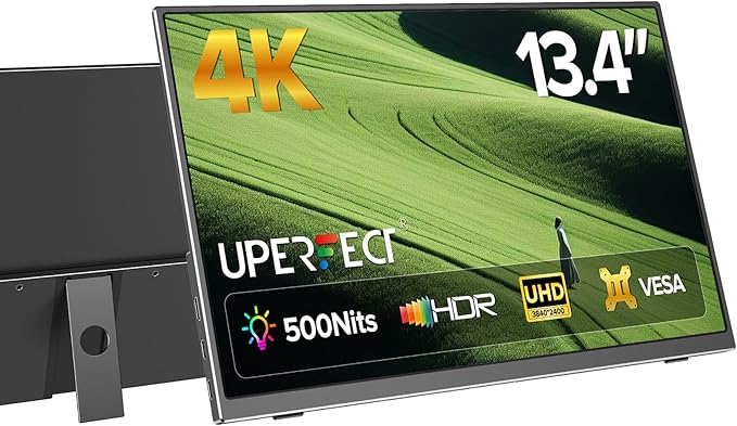 UPERFECT 4K Portable Monitor, 13.4" UHD 3840x2400 Matte IPS Laptop Display with Built-in Stand, 16:10 Aspect Ratio, 100% sRGB, 500 Nits Brightness, All-Metal Frame for PC/Mac/Phone/Game Console