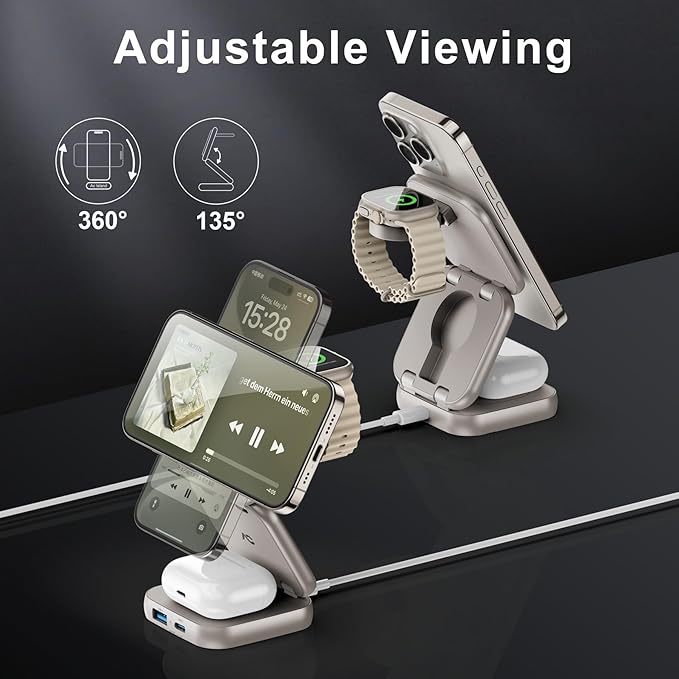 5-in-1 Wireless Charger for MagSafe, AC ISLAND Portable Travel Charging Station, 15W Max Fast Foldable Magnetic Stand, Evolved for iPhone 17/16/15/14/13 Series, Apple Watch, AirPods (with 35W Adapter)