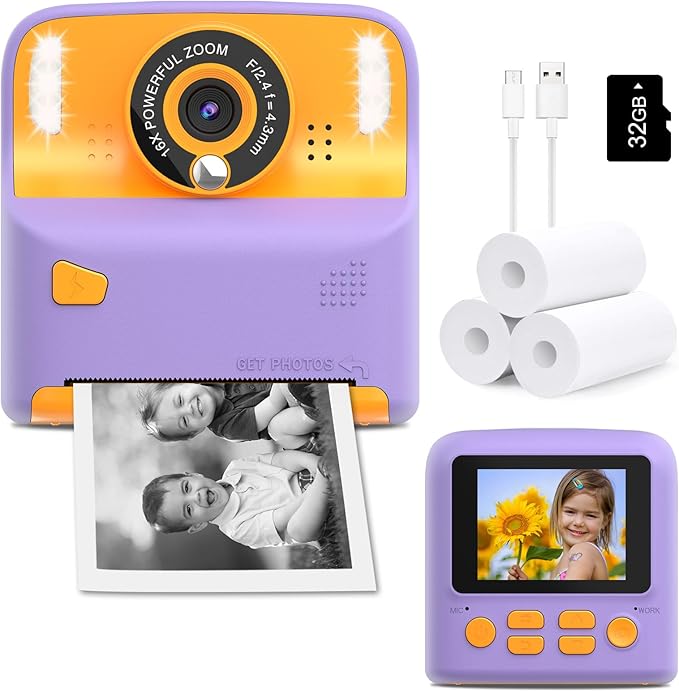 Kids Instant Print Camera, Portable Travel Toys Camera for Toddler, Print Black & White Photos Instantly, Ideal Birthday for Boys & Girls Ages 3–12 with Selfie Mirror (Purple)