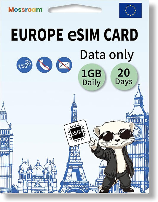 eSIM for Europe Travel,1GB Data/Daily 20 Days at 4G/5G speeds,Data Only eSIM,Use Europe eSIM in UK & 30+ Countries in The EU
