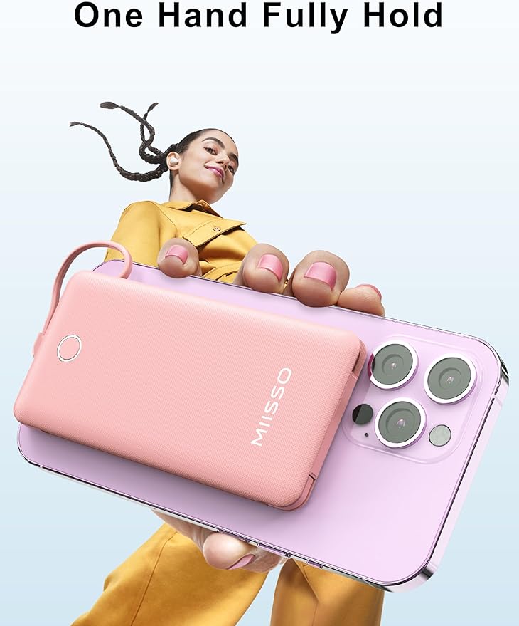 10000mAh Slim Portable Charger with Built in Cable, Power Bank Travel Charger External Battery Pack for Phone, 4 Output USB Type C Cord Clutch Charger Compatible with iPhone, 2 Pack Black & Pink