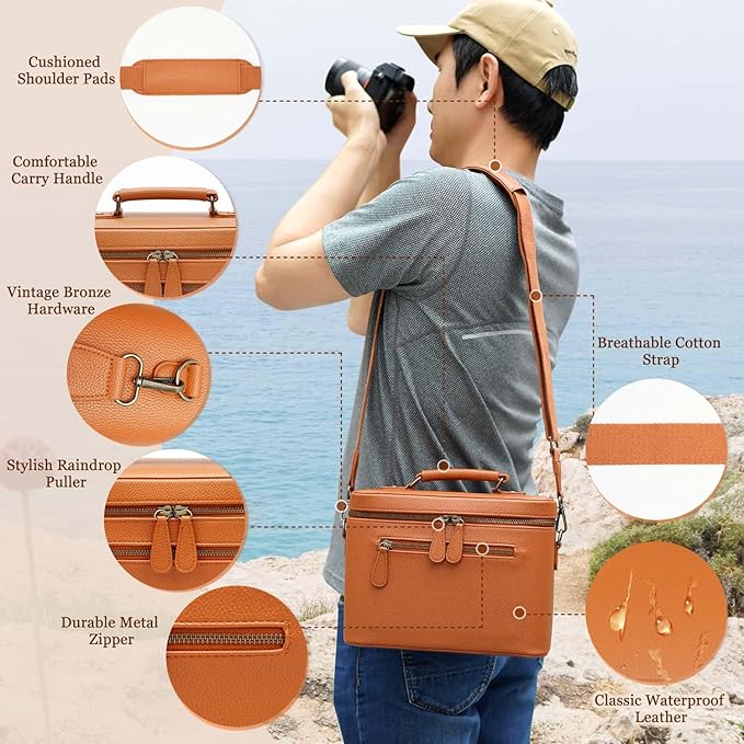 Camera Sling Bag, Waterproof PU Leather Crossbody Camera Case for Photographers, Small Shoulder Bag Compatible for Canon Nikon Sony, 4L Brown