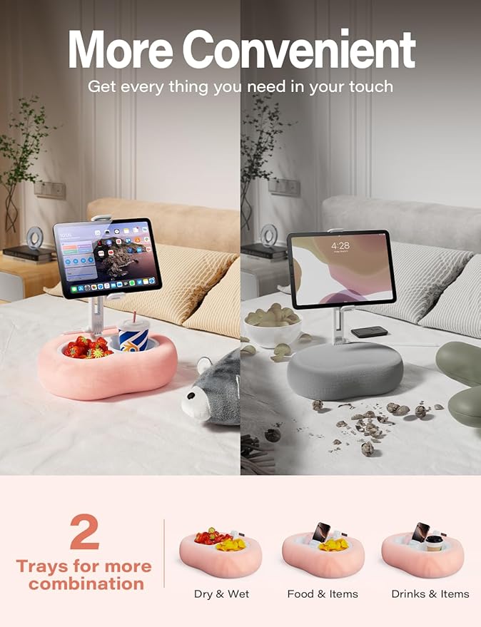 Tablet Kindle Pillow Stand Holder with 2 Trays Fit 4''-13'' Phone/Tablet/Kindle iPad Holder Stand for Bed with Soft Plus Fabric Reading Accessories Gift, Pink