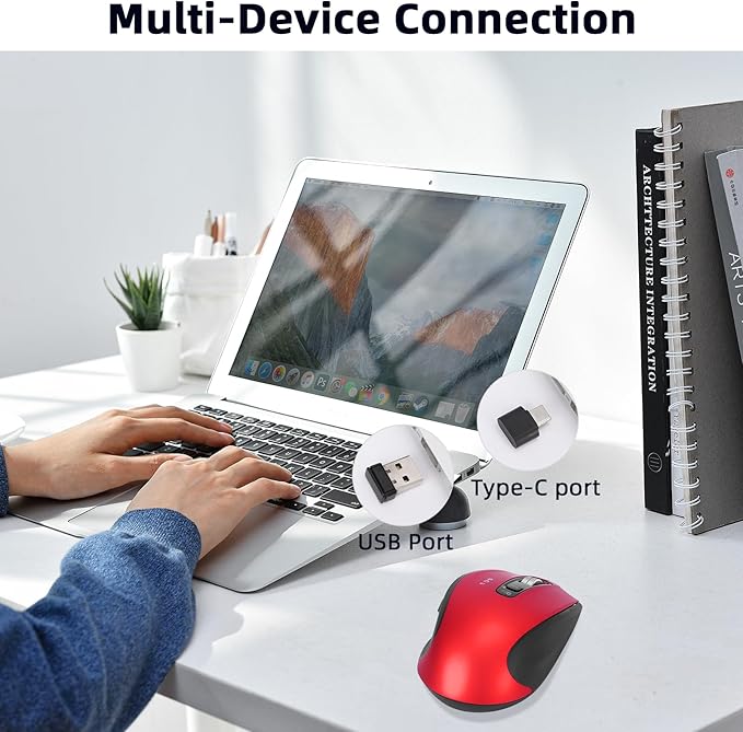 Wireless Bluetooth Mouse with USB A, USB C Receiver, Rechargeable, Multi Device Mouse, Silent, Ergonomic, Full Size, Portable, for iPad/MacBook/PC/Computer/Laptop-Red