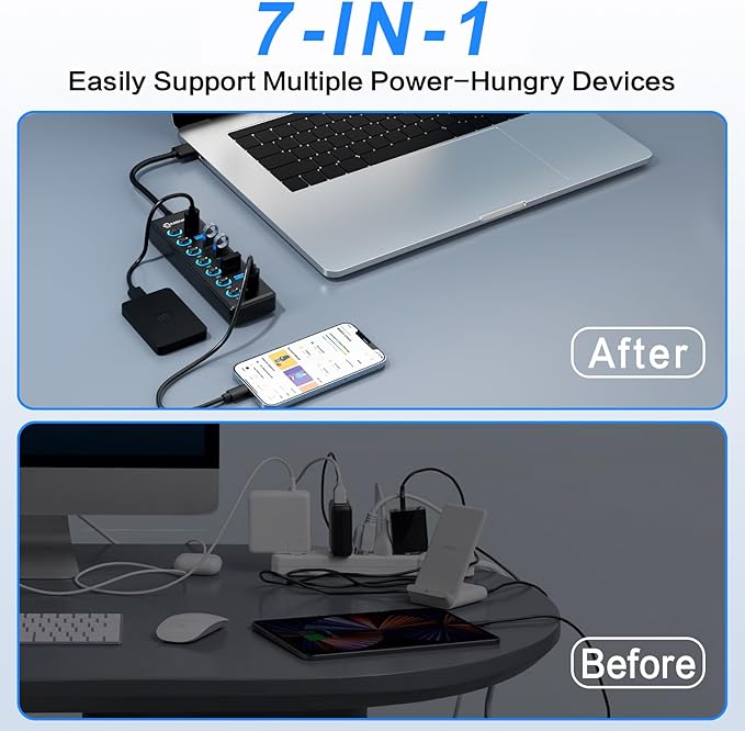 7-Port USB 3.0 Hub, Data USB Hub Splitter with Individual On/Off Switches and Lights, Compatible with Laptop, PC, MacBook, Mac Pro, Mac mini, iMac, Surface Pro and More