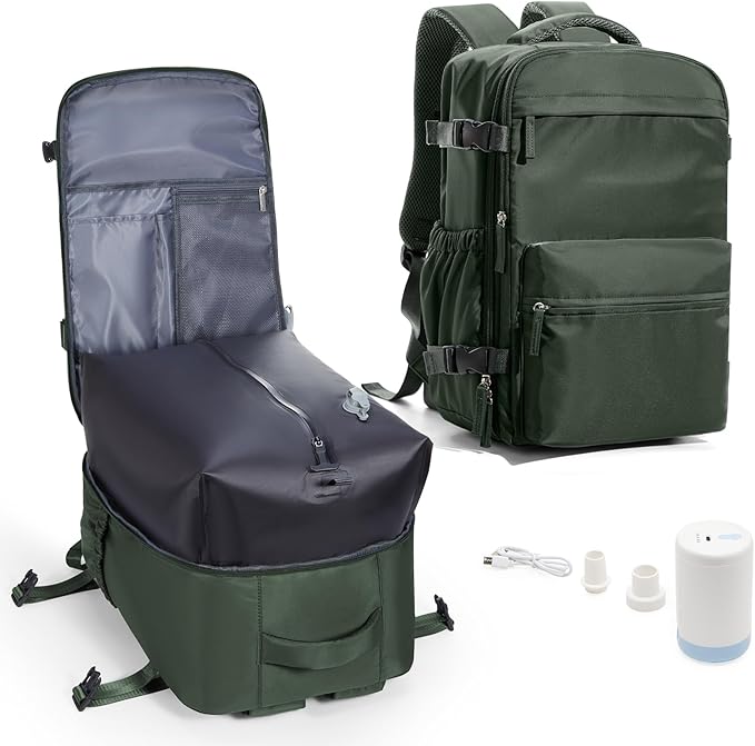 Vacuum Travel Backpack with Pump for Women,Airback Personal Item Carry on Backpacks Flight Approved for Men,Laptop Waterproof Work Compression bags Casual Daypack(Green)
