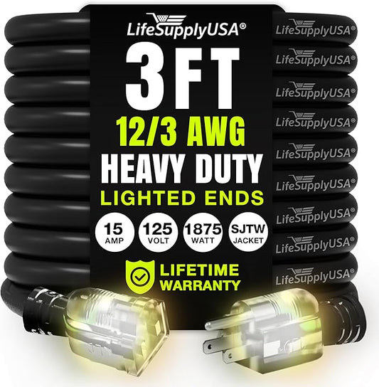 3ft Outdoor/Indoor Extension Cord 12/3 Gauge Extra Heavy Duty 3 Prong SJTW, Waterproof, Flexible Cold-Resistant Long Power Cord,15A 125V 1875W, Black by LifeSupplyUSA