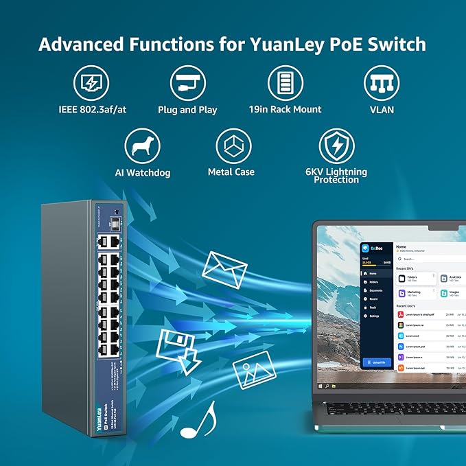 YuanLey 16 Port PoE Switch with 2 Gigabit Ethernet Uplink, 1 SFP Port, 250W PoE+ Port Support 802.3af/at, Unmanaged Network Switch with AI Watchdog, VLAN, 6KV Protection, Rackmount Plug and Play