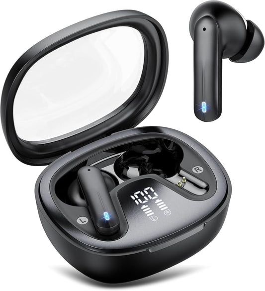 Wireless Earbuds, Bluetooth 5.4 Headphones, HiFi Stereo Bass Ear Buds, in Ear Earbuds with 4 ENC Noise Cancelling Mic, 45H, LED Display, IP7 Waterproof, Earphones for Phone Android/iOS Sports, Black