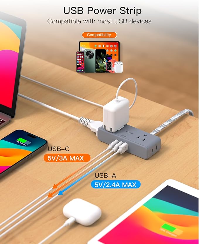 Extension Cord 10 ft, BESHON Flat Plug Power Strip, 4 Widely Outlets with 3 USB Ports (2 USB C), Extension Cord with Multiple Outlets for Home, Office, Dorm Room Essentials Gray