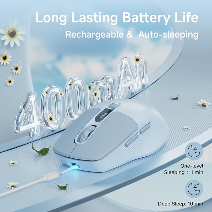 EWEADN Q1 Wireless Mouse, Bluetooth & 2.4G Silent Mouse Quiet Click with 3 DPI Levels, Battery & DPI Smart Display, 6 Button Small Portable Cordless Mice for Laptop/PC/Mac-Blue