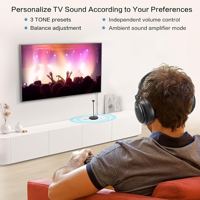 SIMOLIO Wireless Headphones for TV with Clear Dialog Mode, Boosted Volume & Spare Battery for Seniors, Comfortable TV Watching w/L/R Balance, by-Pass, Charging/Transmitter Stand 2-in-1, No Pairing