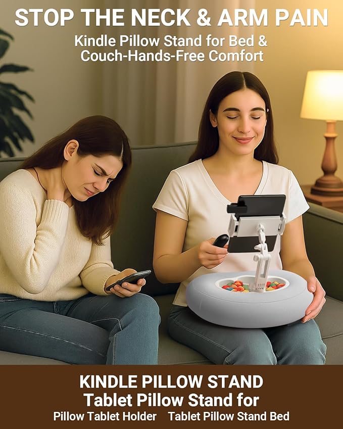 Kindle Pillow Stand for Bed, Adjustable Tablet & Phone Holder for iPad, Kindle, Couch – Snack & Drink Holders, 50 Disposable Liners & Washable Pillow Cover (Grey)